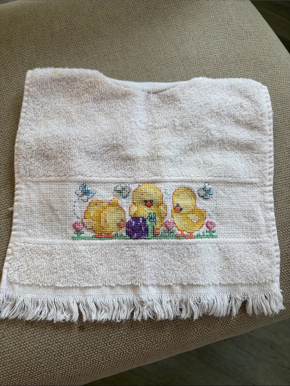 Vintage handmade White Baby Bib with Cross-Stitch Yellow Chicks